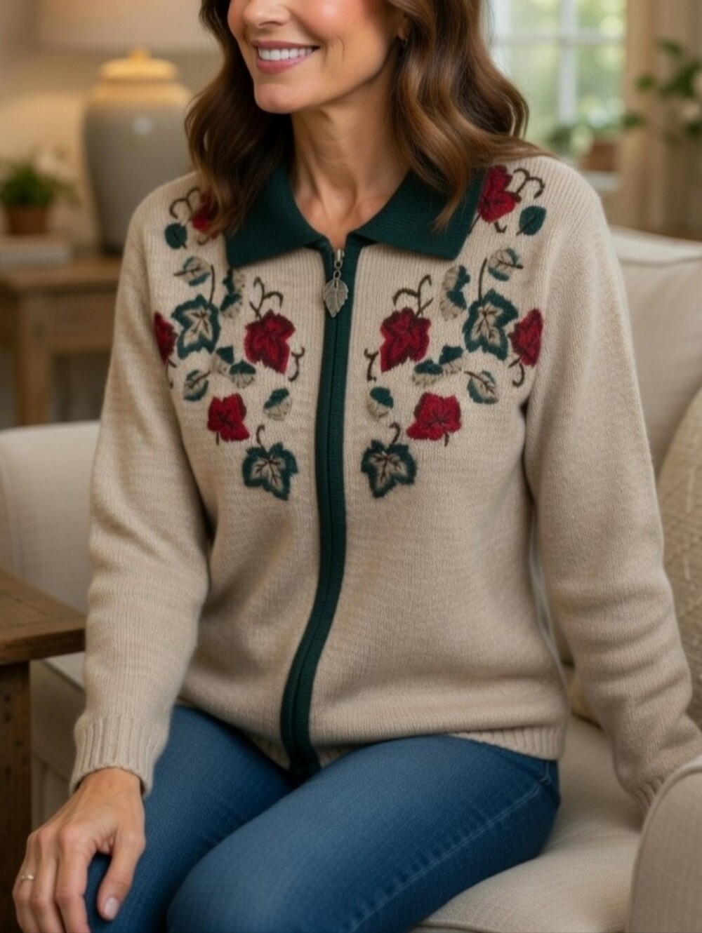 Alia Vintage Beige And Green Trim Floral Embroidered Zip-Up Knit Sweater Size S